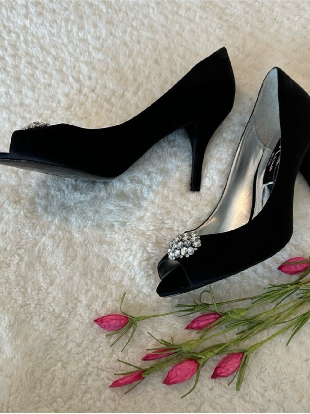 Nina Black Satin Glamour Pumps with Crystal Brooch - Picture 3 of 8